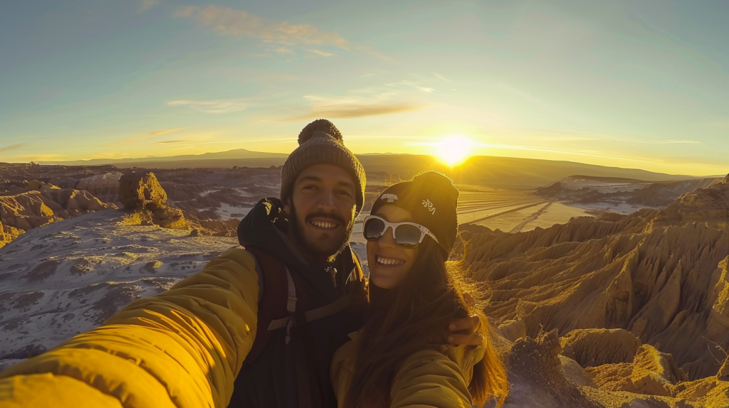 A couple captures a selfie moment with the surreal, moon-like landscape of Valle de la Luna near La Paz, as the setting sun casts a golden glow over the formations.
