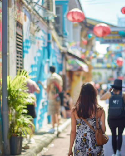 Travelers admire a captivating street mural in George Town, Penang, as the bustling life of the city unfolds around them, showcasing the rich cultural tapestry of this historic town.