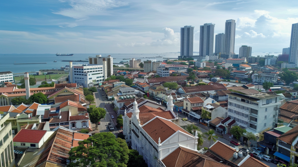 An aerial perspective reveals George Town's unique blend of historic colonial architecture and modern skyscrapers, with the serene Penang Strait shimmering in the distance.
