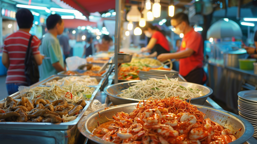 Food enthusiasts savor the flavors of Penang at a bustling hawker center in George Town, surrounded by an array of the island's famous street food dishes, capturing the essence of local cuisine.