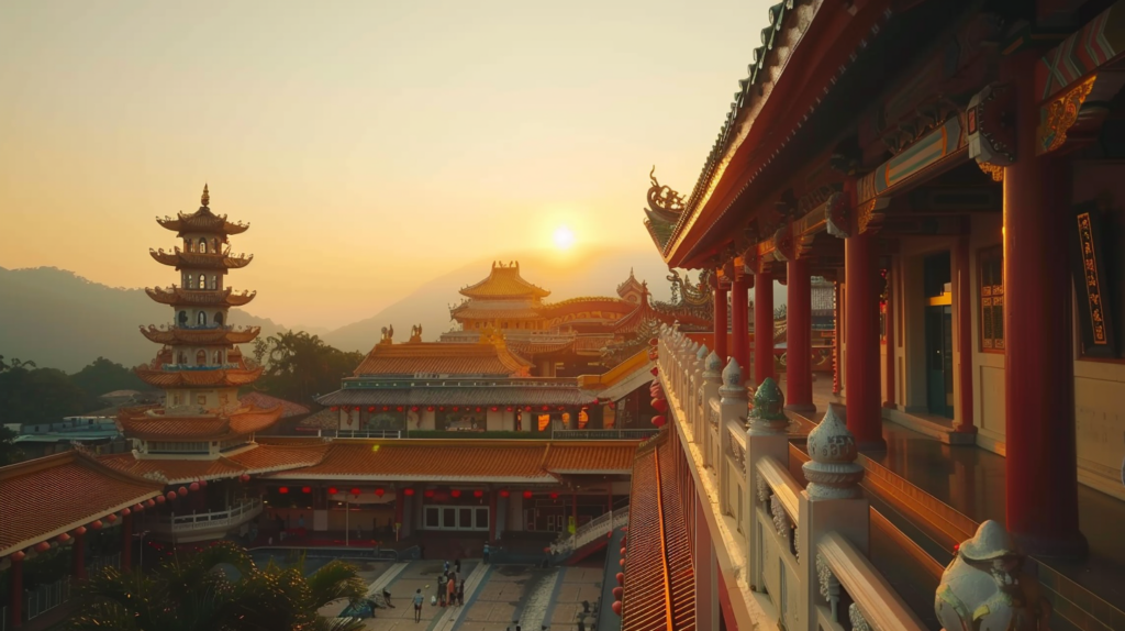 Visitors experience a serene morning at Kek Lok Si Temple in George Town, as the first light of dawn illuminates the temple's stunning architecture, offering a moment of peace and reflection.