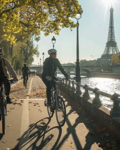 People biking along the Seine River in Paris with the Eiffel Tower in the backdrop