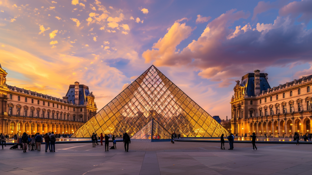 People walking around the Louvre Museum's glass pyramid illuminated at sunset