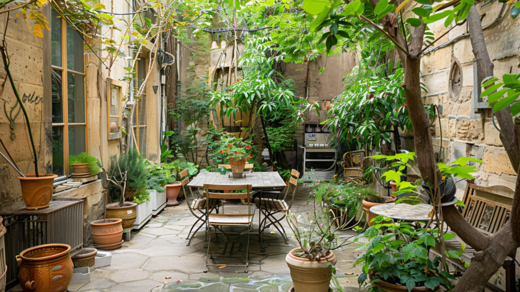  A hidden courtyard garden in Le Marais, Paris with wooden tables and chairs 