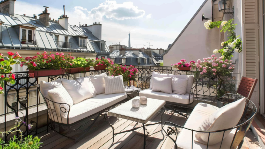 The balcony of a chic apartment in Paris adorned with flowers