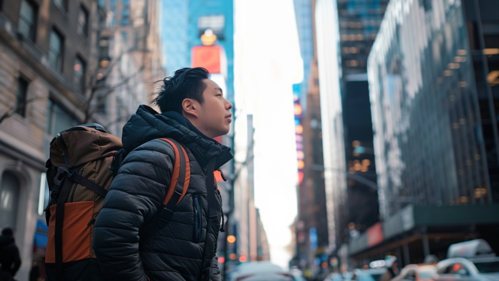 A man with a backpack navigating a street in New York City