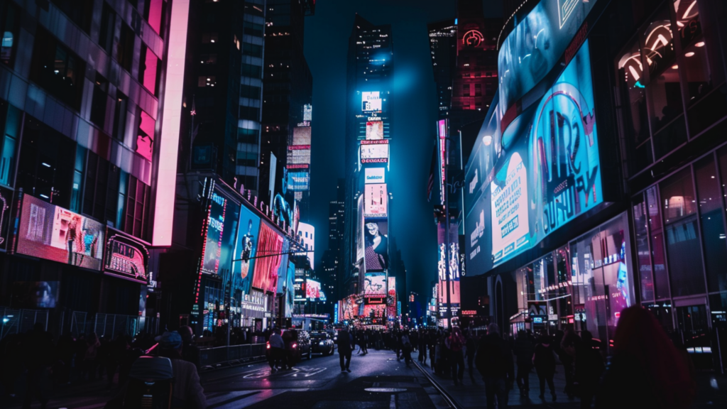 The bright lights and digital billboards of New York Times Square illuminating the night
