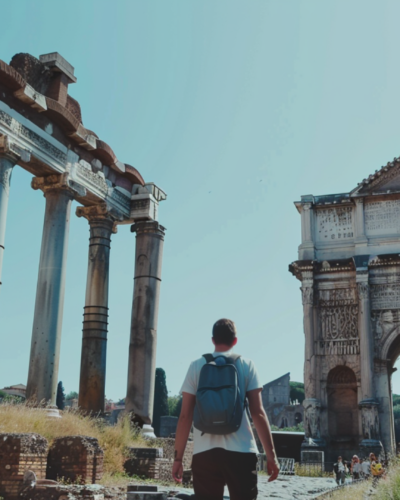 A man gazing at the ruins of the Roman Forum, a famous landmark in Rome