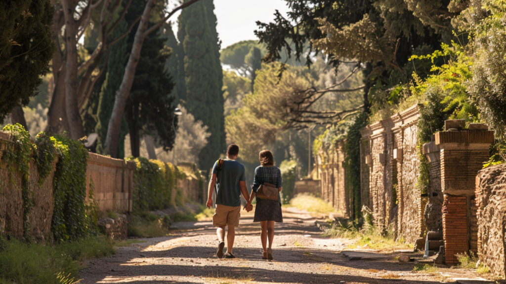 A couple taking a leisurely walk on the ancient Appian Way in Rome