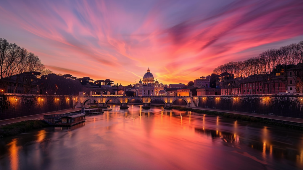  A stunning sunset view over the Tiber River in Rome, with St. Peter’s Basilica in the distance
