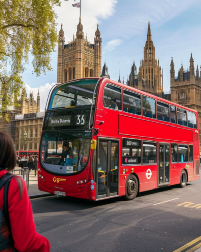 A red bus passing by the Big Ben in London