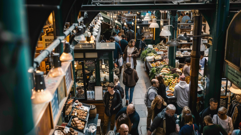 People bustling through Borough Market, surrounded by an array of delicious food options