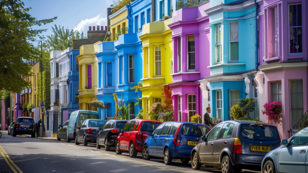 Colorful row of houses with cars parked along the street in London