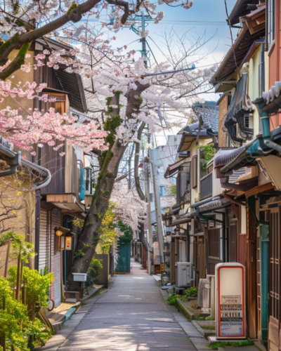 A hidden alley with blooming cherry trees in the background in Tokyo, Japan