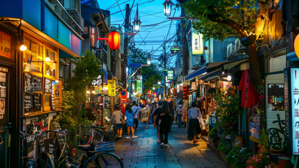 A bustling narrow street lined with shops and people strolling along in Tokyo, Japan
