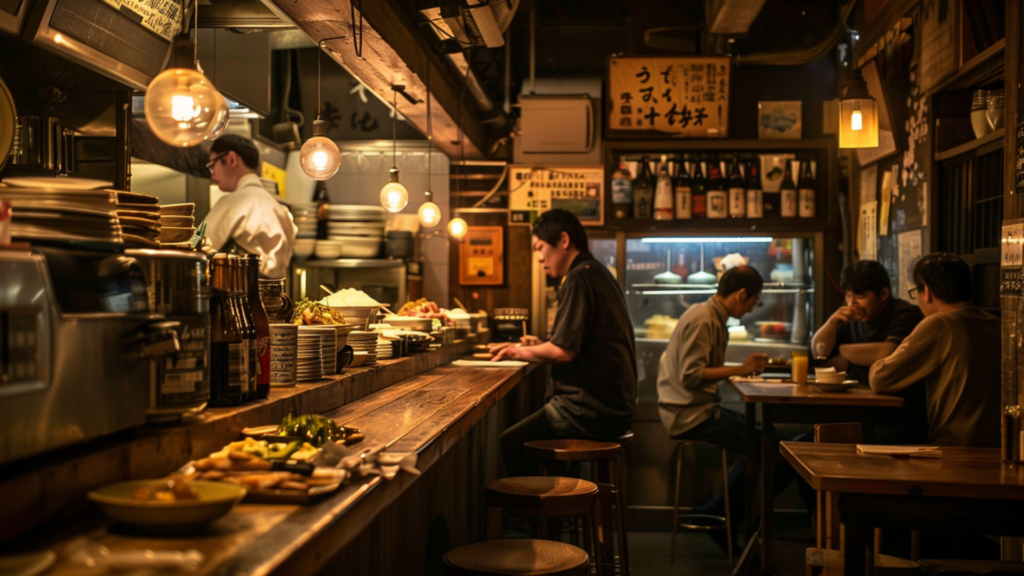 A hidden izakaya with patrons enjoying their meals at tables in Tokyo, Japan