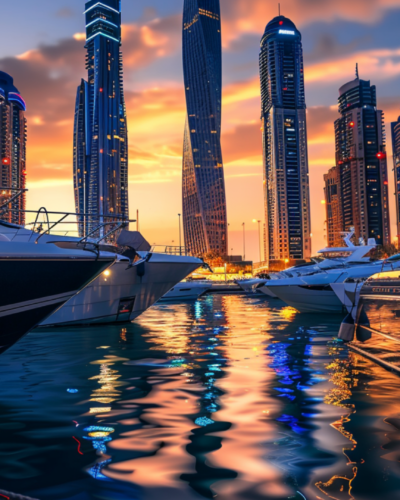 The Dubai Marina with boats and skyscrapers at sunset, reflecting on calm water
