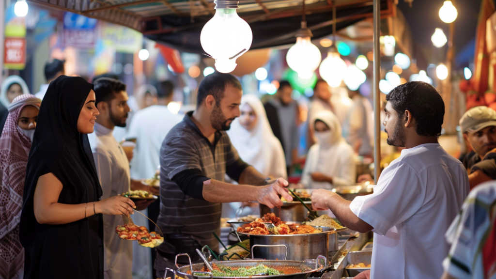 People enjoying a variety of delicious food at a bustling food market in Dubai