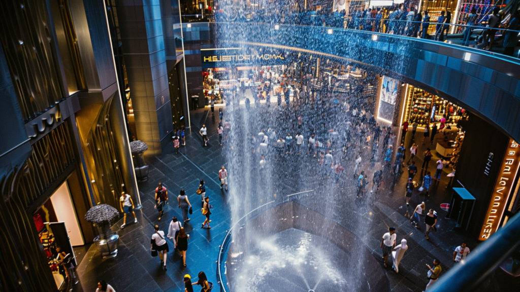 A grand water fountain in a bustling mall in Dubai, providing a refreshing and serene ambiance.
