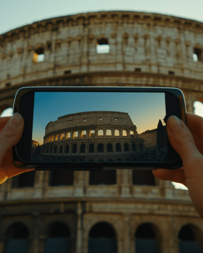 Hand holding a phone capturing the Colosseum in Rome
