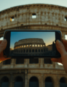 Hand holding a phone capturing the Colosseum in Rome