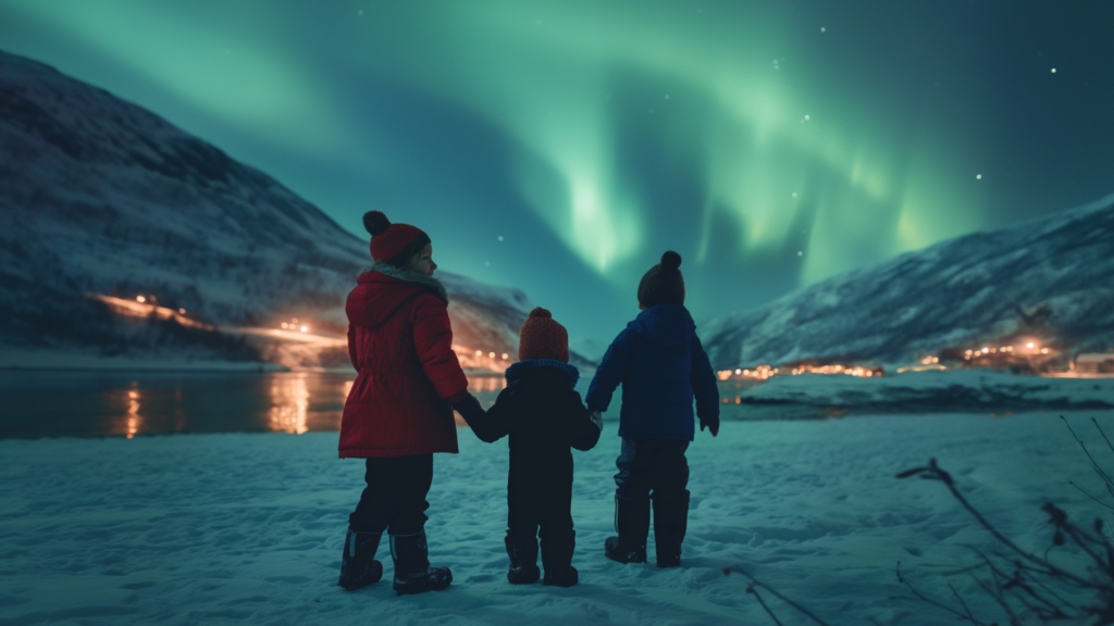 Children watching Northern Lights in Norway
