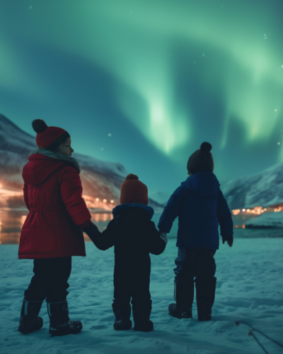 Children watching Northern Lights in Norway