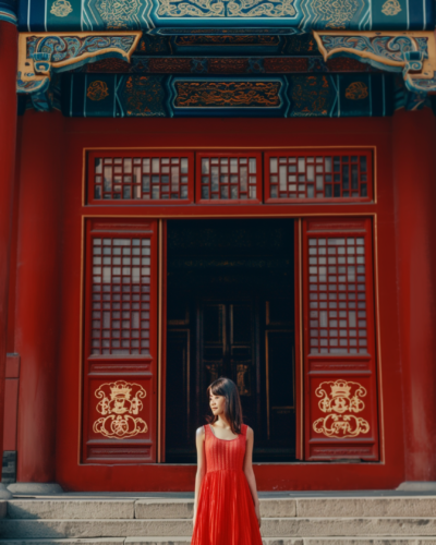 Woman in front of Chinese temple doors