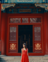 Woman in front of Chinese temple doors