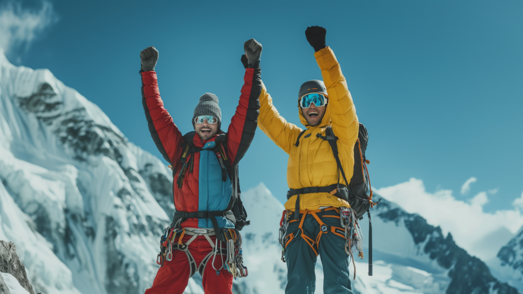 Climbers celebrating their Himalayan ascent