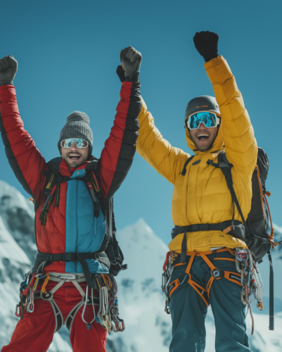 Climbers celebrating their Himalayan ascent