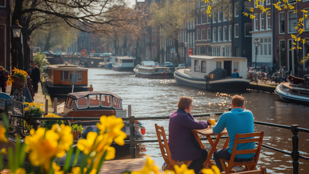 Couple enjoying canal-side dining in Amsterdam
