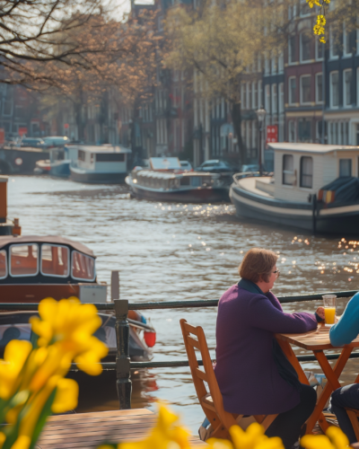 Couple enjoying canal-side dining in Amsterdam