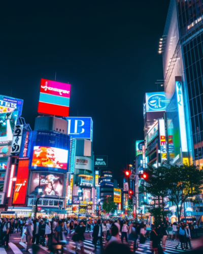 The Shibuya Crossing in Tokyo, Japan at night filled with people walking around