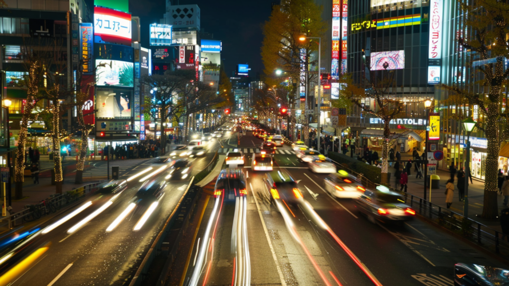 A road in Tokyo, Japan with cars and pedestrians at night