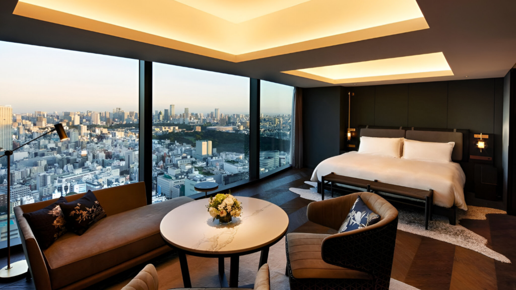 A hotel room in Tokyo with a view of the skyline