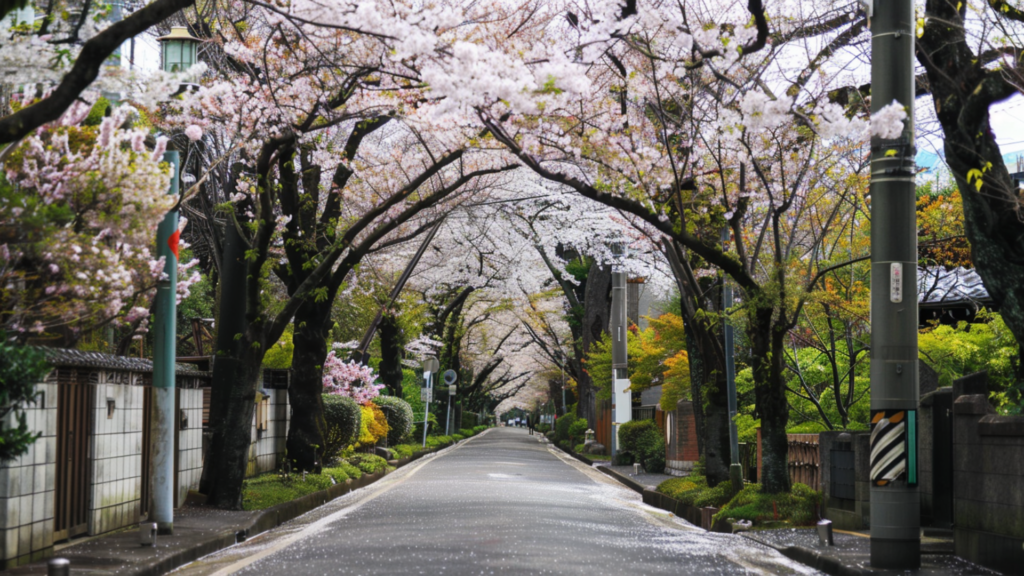 A quiet street in Tokyo lined with cherry blossom trees