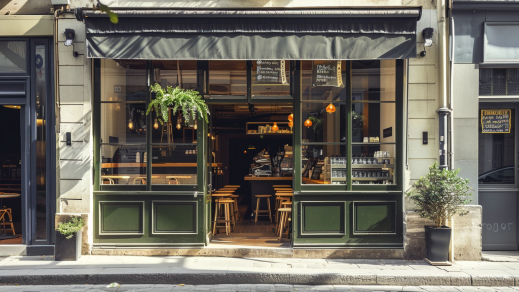 A restaurant in Paris with green doors and glass windows