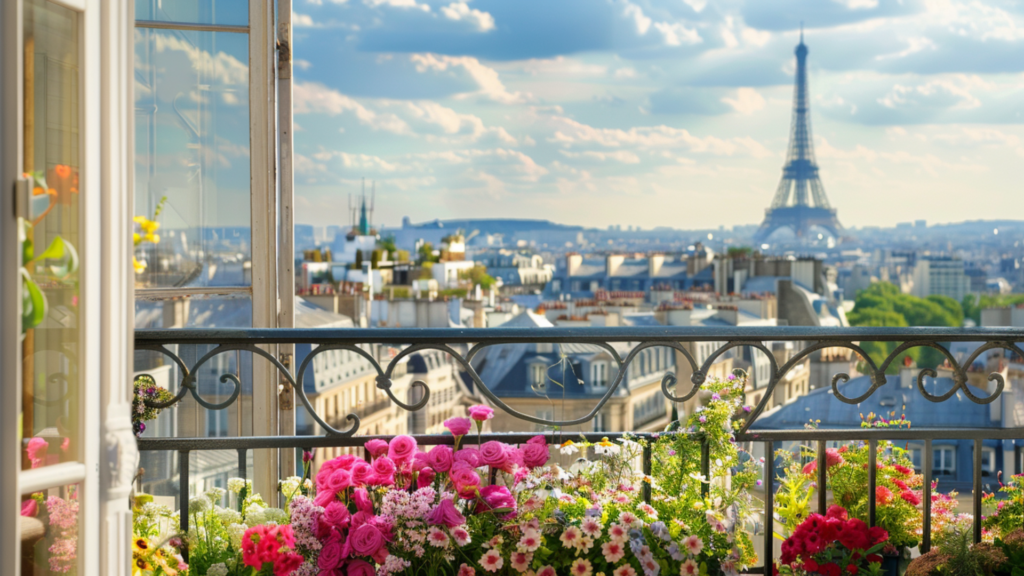 A balcony with flowers overlooking the buildings in Paris