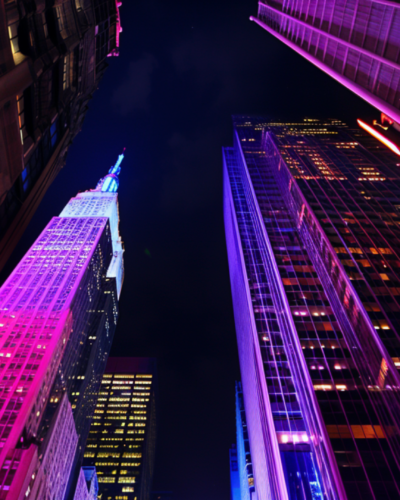 Tall buildings standing against a clear night sky in New York City