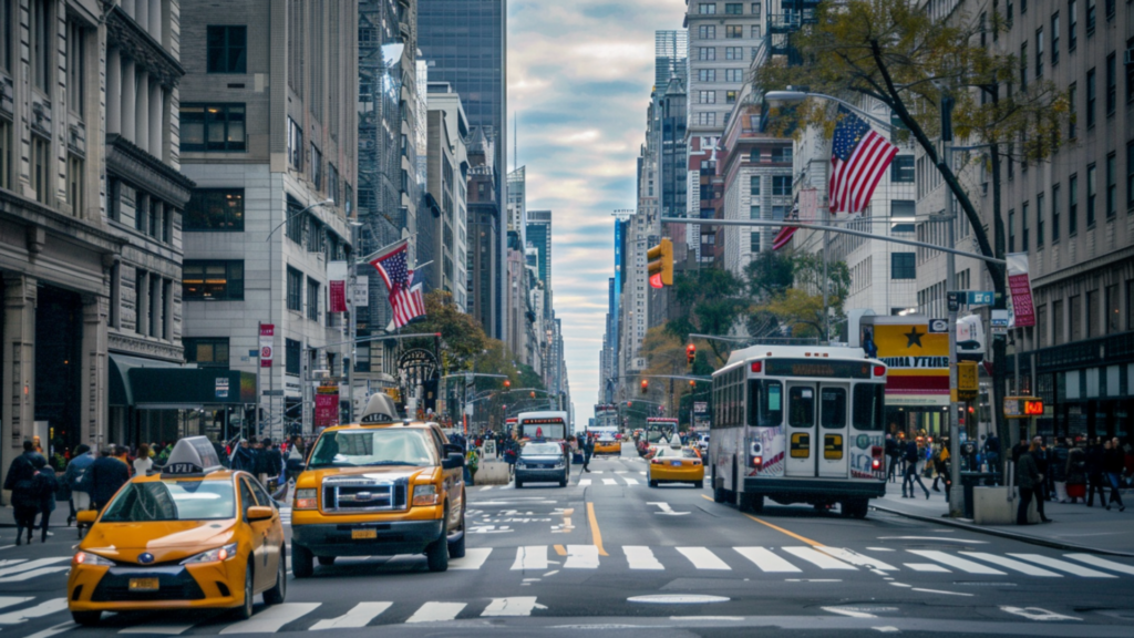 Yellow taxis and cars on the street in New York City