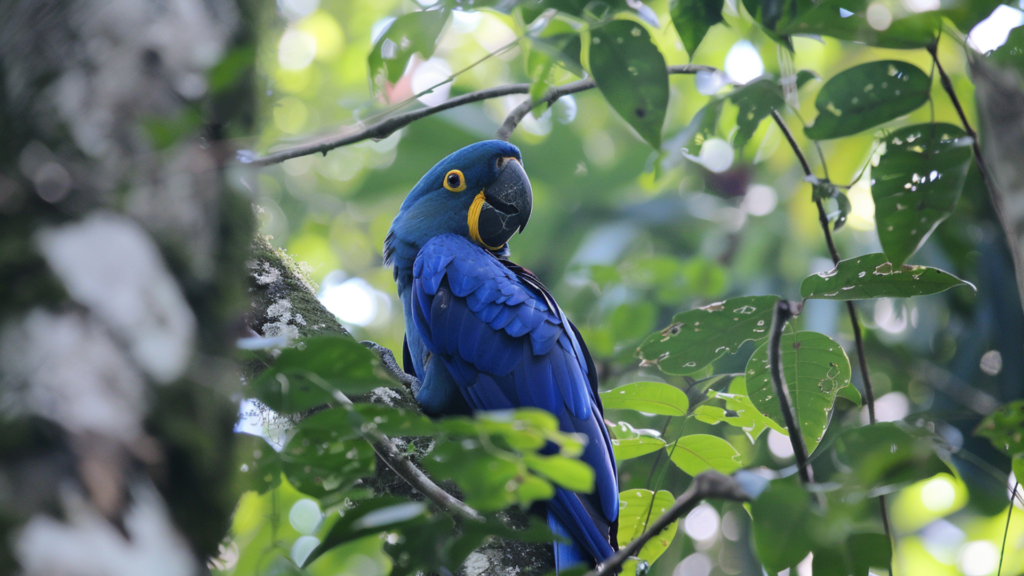 A blue parrot sitting on a tree in The Amazon
