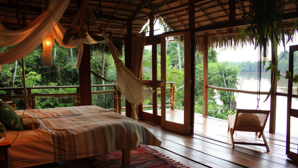 A bed and a chair inside an eco-lodge in the Amazon