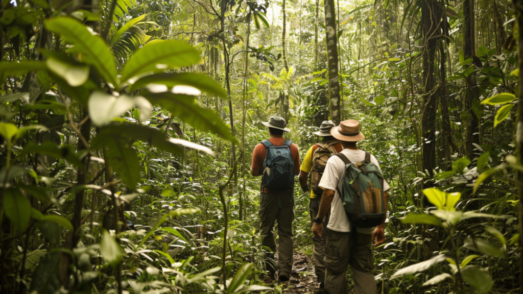  Three people walking along the dense forests in the Amazon