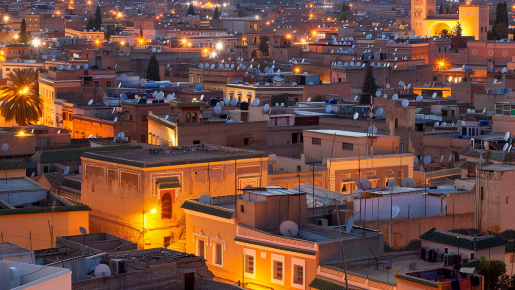The bustling Medina in Marrakesh lit up at night