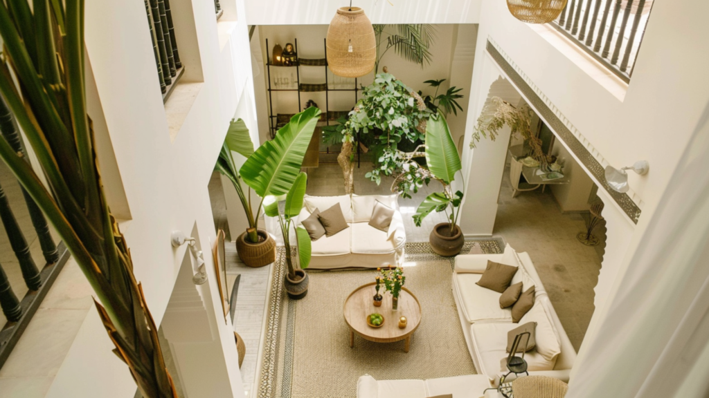 The interior of an elegant riad in Marrakech showing plants, couches, and a round table