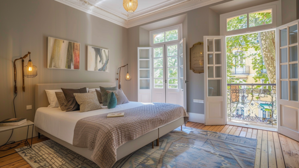 A bedroom with a balcony at a house in Lisbon