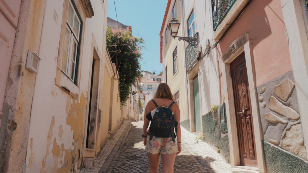 A woman with a backpack walking along an uphill road in Lisbon