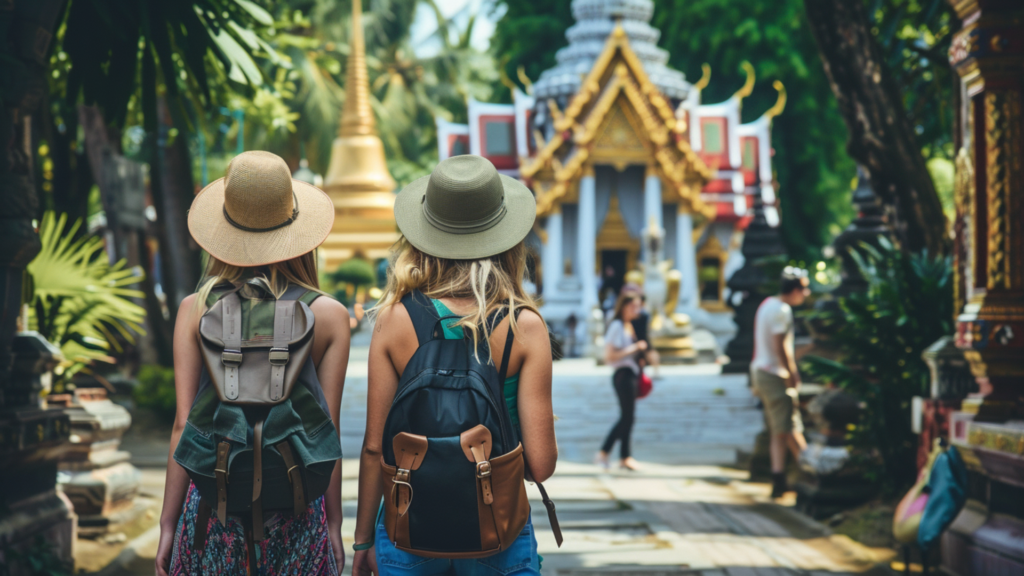 Two women standing on a temple path in Bangkok