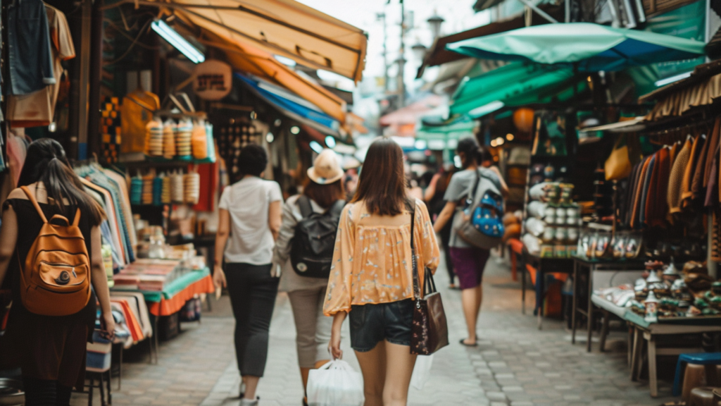Several people walking along a local market in Bangkok